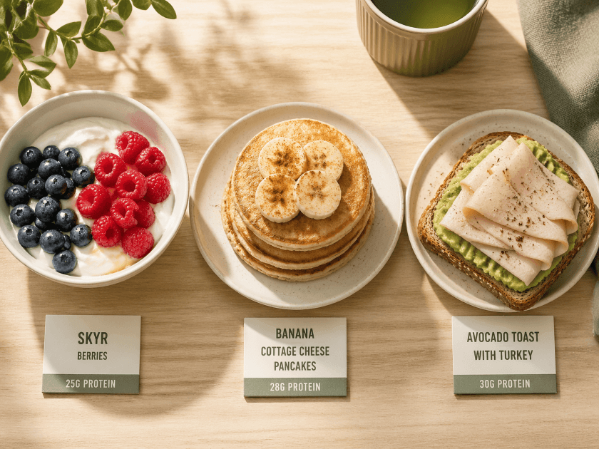 Proteinreiches Frühstück – drei Varianten: Beeren-Joghurt, Pfannkuchen, Porridge