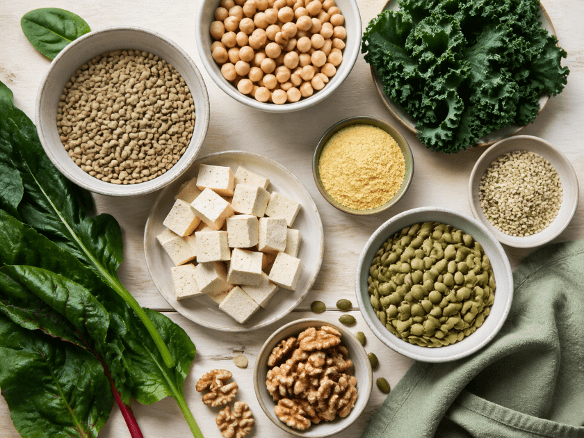 Vegane Lebensmittel reich an B12, Eisen und Protein – Hülsenfrüchte, Nüsse, grünes Gemüse